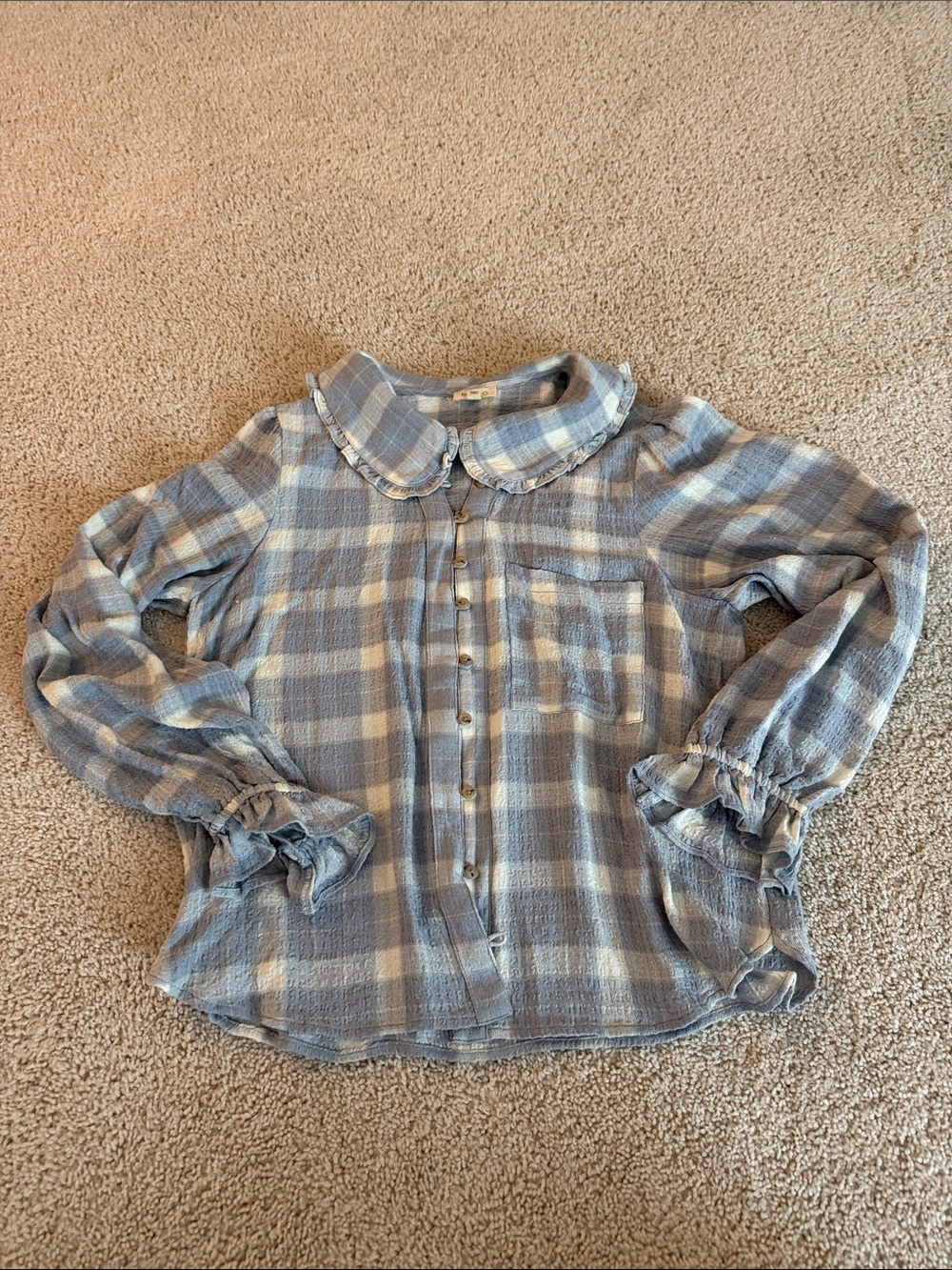 Pilcro Blue and Cream Plaid Button-Up Top with Peter Pan Collar
